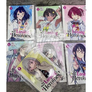 Könnte beinhalten: Eine Sammlung von Manga-Romanen mit dem Titel "Too Many Losing Heroines!" mit farbenfrohen Illustrationen von Anime-Charakteren. Die Cover sind mit 1 bis 6 nummeriert und zeigen lebendige Kunstwerke und Text.