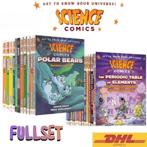 May include: A collection of "Science Comics" books, featuring titles like "Polar Bears" and "The Periodic Table of Elements." The covers are colorful with illustrations and text. The words "Science Comics" and "Fullset" are visible.