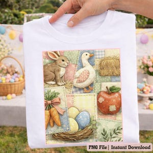 May include: White t-shirt featuring a colorful patchwork design with Easter-themed illustrations. The design includes a rabbit, duck, hay bale, apple, carrots, and eggs in a nest. The text "PNG File | Instant Download" is at the bottom.