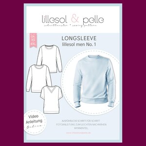 Könnte beinhalten: Ein Schnittmuster-Cover von lillesol & pelle mit dem Titel LONGSLEEVE lillesol men No. 1. Das Design zeigt technische Strichzeichnungen von Lang- und Kurzarmshirts neben einem hellblauen Langarmshirt. Enthält den Größenbereich von XS bis 4XL.