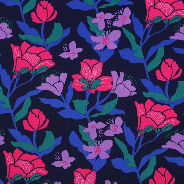 LENZING ECOVERO Viskose Amira Floral von Nerida Hansen – Navy mit farbstarken Blumen, fließender Designerstoff für Kleider & Blusen