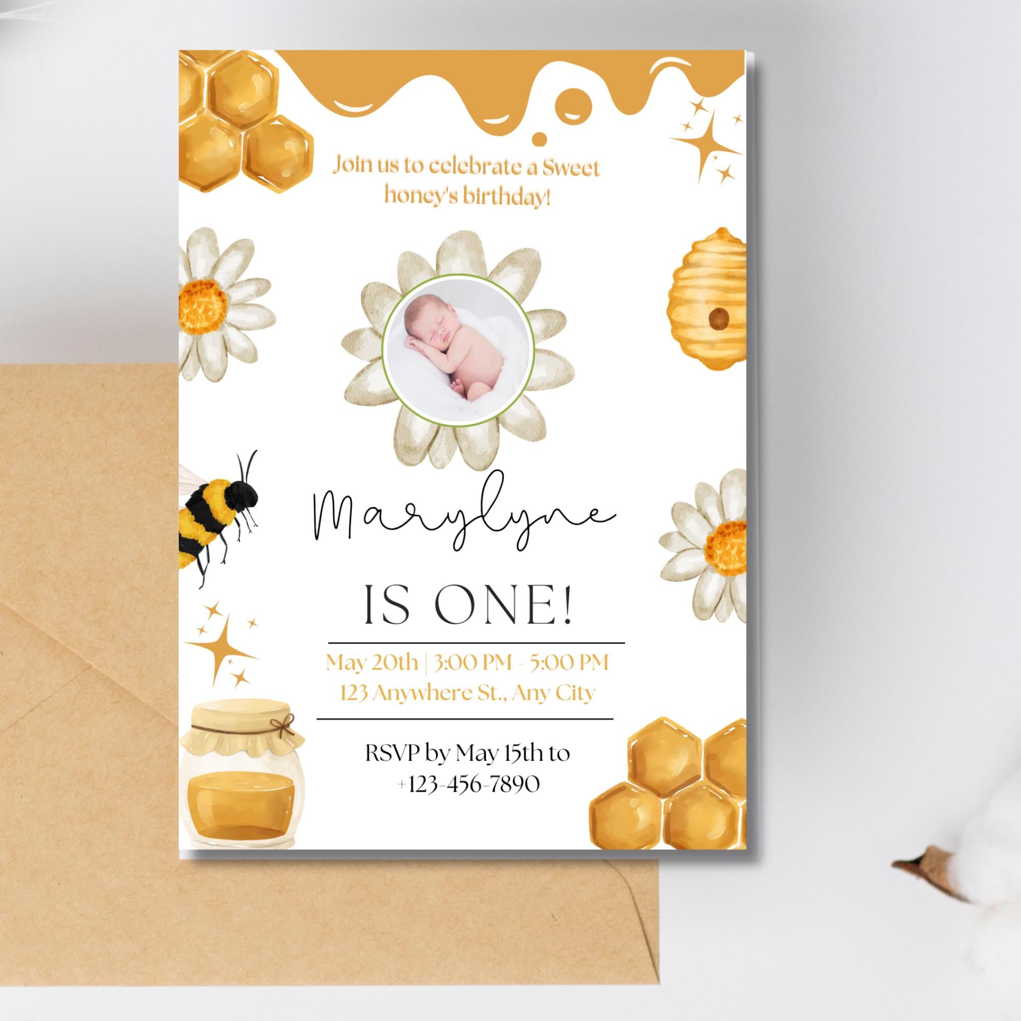 Sweet Honey Bee 1st Birthday Invitation: Editable Canva Template (5x7 ...