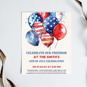 May include: Invitation to a 4th of July celebration at the Smith's home. The invitation features a watercolor illustration of red, white, and blue balloons with stars and stripes. The text reads "Celebrate our Freedom at the Smith's 4th of July Celebration on 07.04.XX at 5:00 PM. The Smith Home | 123 Any Main Street | New York, NY 1234. Please RSVP by 06.15.XX at 555-555-5555 or myemail@gmail.com. Hamburgers and hot dogs provided. Please bring one side dish or dessert."