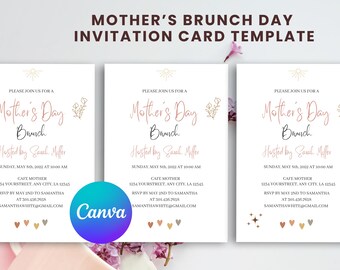 May include: A printable Mother's Day brunch invitation card template with a pink and gold color scheme. The text reads "Mother's Day Brunch" with a floral design and a sun graphic. The invitation includes the date, time, location, and RSVP information.