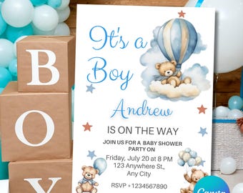 Teddybär-Babyparty-Einladung: Blaue Luftballons, Canva-Vorlage (digitaler Download)