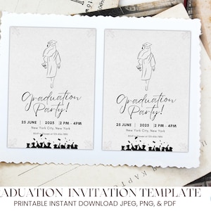 Black and White Graduation Party Invitation | Illustrated Graduation Invite | Editable Template | Digital Download | Instant Download.