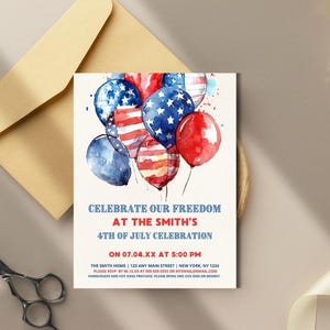 May include: Invitation to a 4th of July celebration at the Smith's home. The invitation features a watercolor illustration of red, white, and blue balloons with stars and stripes. The text reads "Celebrate our Freedom at the Smith's 4th of July Celebration on 07.04.XX at 5:00 PM".