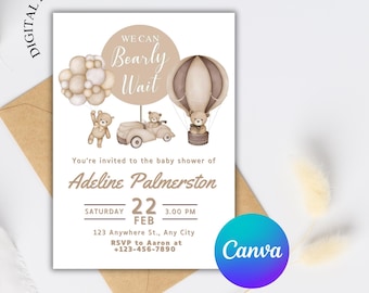 Baby Shower Invitation: Boy, Boho Balloons, Neutral, Editable Canva Template (Digital Download) Teddy Bear