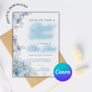 Blue Hydrangea and Roses Bridal Shower Invitation, Floral Bridal Shower Invite, Wedding Shower, Editable Bridal Shower Invite Template