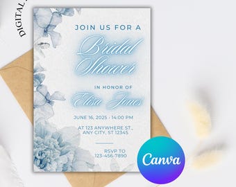 Blue Hydrangea Bridal Shower Invitation, Floral Wedding Shower (Editable Canva Template)