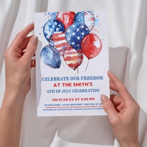 May include: A 4th of July party invitation with a watercolor illustration of red, white, and blue balloons with stars. The text reads "Celebrate our freedom at the Smith's 4th of July celebration on 07.04.XX at 5:00 PM".