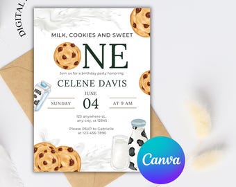 Milk and Cookies 1st Birthday Invitation: Editable Canva Template (Digital Download)