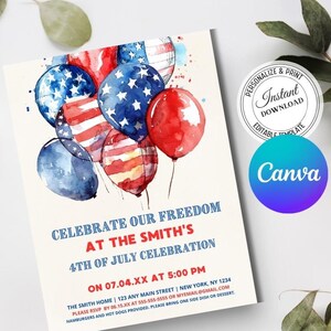 May include: A watercolor invitation for a 4th of July celebration. The invitation features red, white, and blue balloons with stars and stripes. The text reads "Celebrate Our Freedom at the Smith's 4th of July Celebration on 07.04.XX at 5:00 PM".