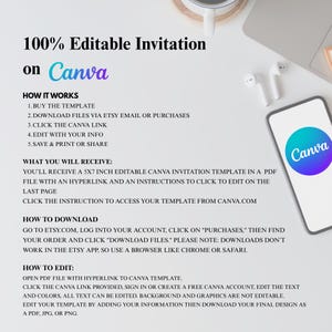 May include: A white background with text that reads "100% Editable Invitation on Canva." A smartphone displays the Canva logo. The text describes how to download and edit a 5x7 inch invitation template.