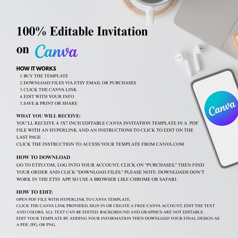 May include: A white background with text that reads "100% Editable Invitation on Canva." A smartphone displays the Canva logo. The text describes how to download and edit a 5x7 inch invitation template.