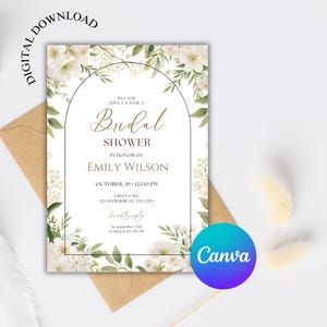 May include: A digital download bridal shower invitation featuring a floral design with white flowers and green leaves. The invitation includes the text "Bridal Shower" and event details. The Canva logo is visible.