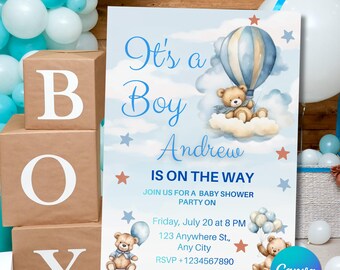 Teddy Bear Baby Shower Invitation Blue Balloons Editable Canva Template (Digital Download)