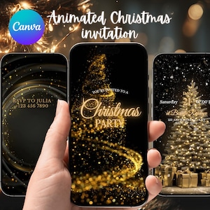 May include: Three smartphones showing animated Christmas invitation designs. The designs feature gold and black colour schemes with festive elements like a Christmas tree and gift boxes. Text includes "Christmas Party" and RSVP details.