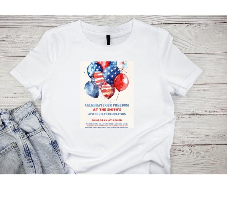 May include: White t-shirt with a watercolor design of red, white, and blue balloons. The balloons are decorated with stars and stripes. The text on the shirt reads: "Celebrate our freedom at the Smith's 4th of July celebration on 07.04.XX at 5:00 PM".