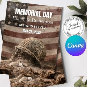 Plantilla de invitación ilustrada en sepia para el Día de los Caídos / Tarjeta de Canva con foto de homenaje / Celebración de la vida editable / Descarga digital