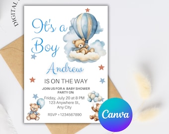 Baby Shower Teddy Bear Invitation: Blue Balloons, Editable Canva Template (Digital Download)