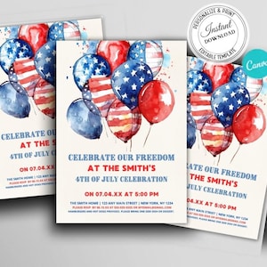 Plantilla editable de invitación del 4 de julio / Invitación imprimible para barbacoa del 4 de julio / Invitación del Día de la Independencia / Invitación electrónica digital para fiesta en EE. UU.