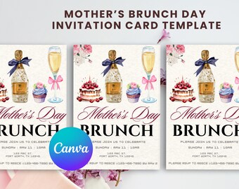 May include: A printable invitation card template for a Mother's Day brunch. The card features a watercolor illustration of a champagne bottle, cupcakes, and a cake with cherries. The text on the card reads "Mother's Day Brunch" and includes details for the event, such as the date, time, and location.