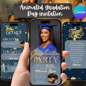 May include: Three blue and gold graduation party invitations with a dark blue background and gold glitter. The first invitation has the details of the party, the second has a photo of a graduate in a cap and gown, and the third says "Thank You".