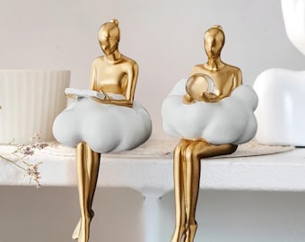 Cloud Figurine Girl Sculpture, Modern Gold Statue, Abstract Figure Art, Dreamy Shelf Decor, Elegant Home Accent, Unique Gift Ornament Decor.
