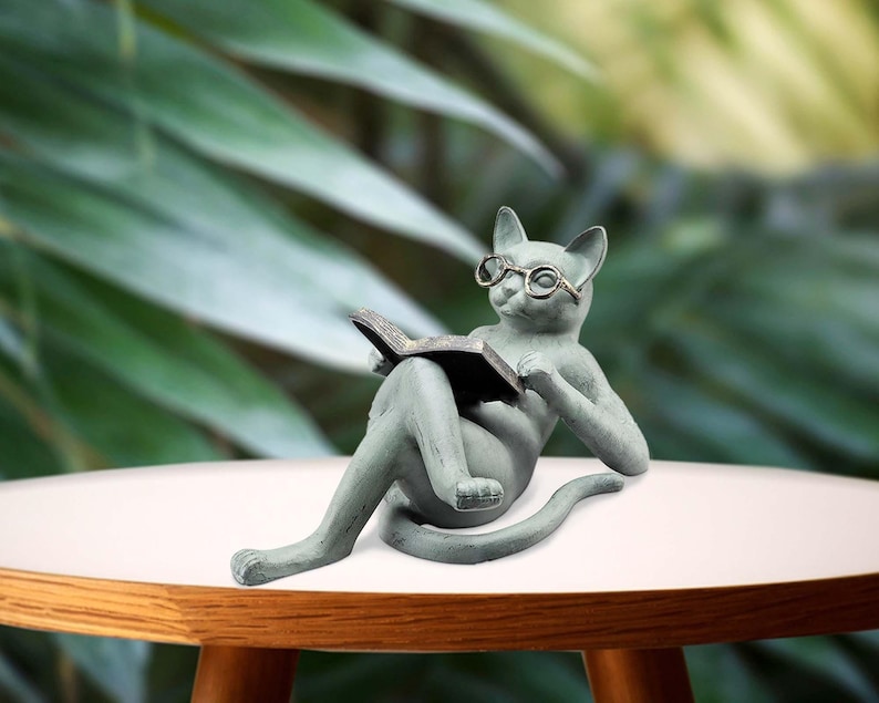Cat Reading Book, Cat Garden Statue, Gnomes Decor, Resin Craft Sculpture Literature, Yard Garden Decor for Outside, Decorative Bookshelf. image 5