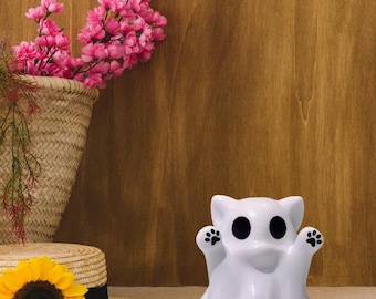 Ghost Cat Figurine, Cute Halloween Cat Decor, Spooky Ceramic Cat Ornament, Kawaii Black & White Cat Gift for Home or Office Decor Ornament.