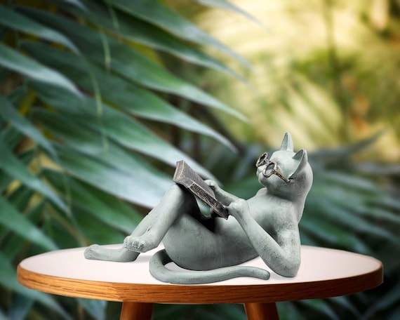 Cat Reading Book, Cat Garden Statue, Gnomes Decor, Resin Craft Sculpture Literature, Yard Garden Decor for Outside, Decorative Bookshelf.