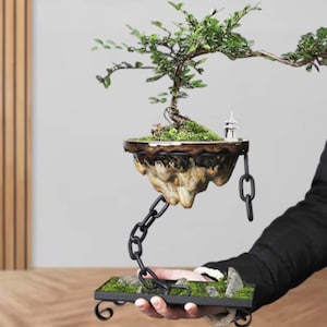Peut inclure: Un bonsaï miniature avec un feuillage vert et une petite pagode blanche est placé dans un pot décoratif flottant. Le pot est suspendu par une chaîne noire à une base rectangulaire, créant un affichage unique.