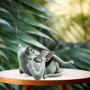 Cat Reading Book, Cat Garden Statue, Gnomes Decor, Resin Craft Sculpture Literature, Yard Garden Decor for Outside, Decorative Bookshelf. image 3