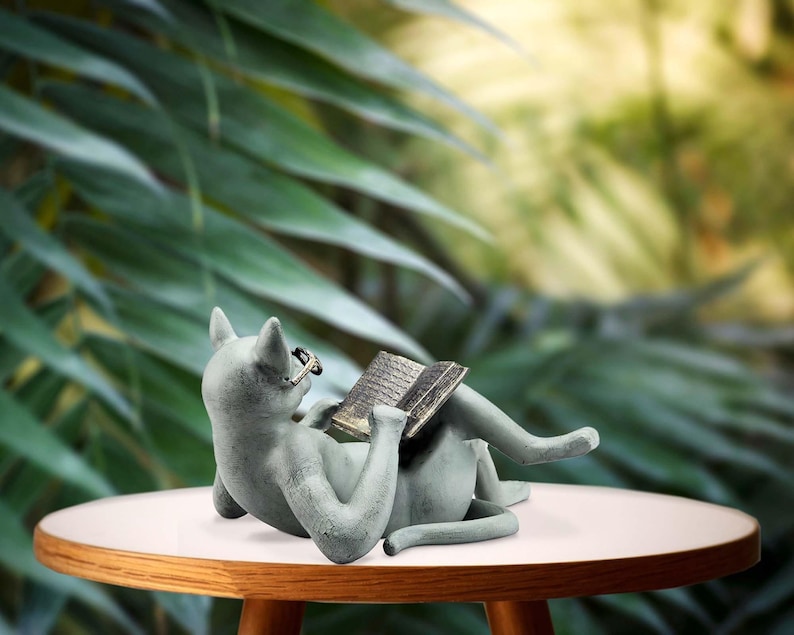 Cat Reading Book, Cat Garden Statue, Gnomes Decor, Resin Craft Sculpture Literature, Yard Garden Decor for Outside, Decorative Bookshelf. image 3