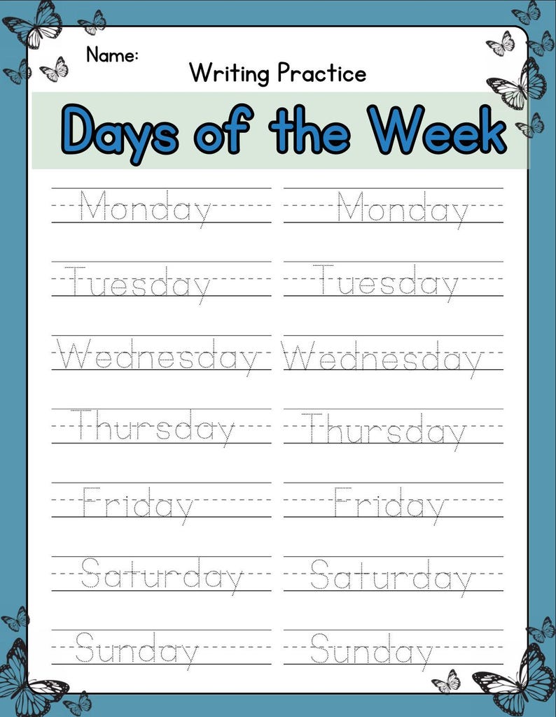 Preschool Tracing Worksheet | Days of the Week and Numbers - Etsy