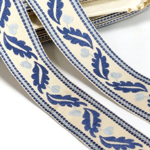 Vintage Upholstery Trim -  Blue Oak Leaves and light Blue Acorns- Jacquard Ribbon Trim - 40 mm wide
