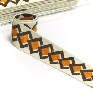2m 1960s Vintage Trim Tape en Ocre y Marrón - Ribete Jacquard Border - Ribete Geométrico Retro Decor - 4 cm ancho - New Old Stock