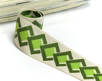 2m Green Vintage Trim Tape - Jacquard Border trim - Geometric Retro Decor trim  - 4 cm wide - New Old Stock