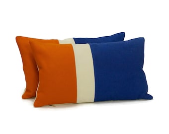 Striped Lumbar Pillow Cover in Blue, Orange and Cream made from mixed Upholstery Fabrics by EllaOsix