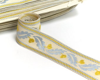 40mm Vintage Upholstery Trim Tape - Light Blue Oak Leaves - Mustard Yellow Acorns - French Jacquard Ribbon Trim