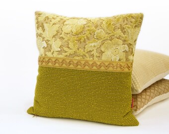 EllaOsix - Green Floral Cut Velvet Pillow Cover with Decorative Vintage Trim - 45x45 cm / 18x18"