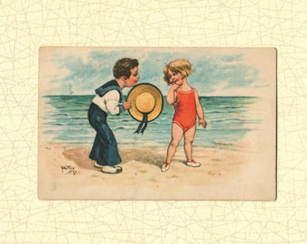 Arthur Thiele | Carte postale vintage signée par l'artiste | Décoration de plage