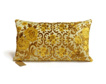 Lumbar Cut Velvet Pillow Cover yellow and brown - Floral Cushion Cover - 12x20" - 30x50 cm