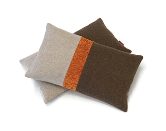 Modern Wool Felted Lumbar Pillow Cover in Brown, Beige and Orange by EllaOsix