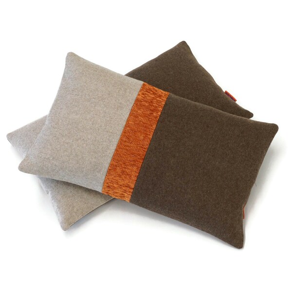 Modern Wool Felted Lumbar Pillow Cover in Brown, Beige and Orange by EllaOsix