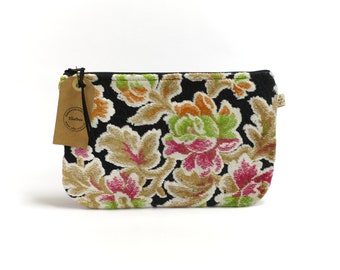 Floral Cut Velvet Accessories Bag, Large Makeup or Zipper Pouch handmade by EllaOsix