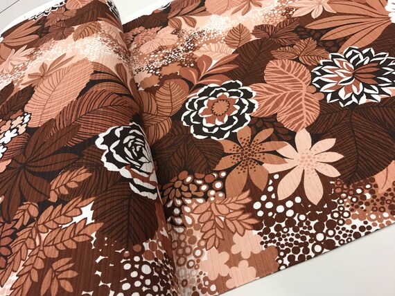 Original 70s Vintage Fabric by the Yard Brown Floral Fabric