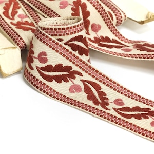 Vintage Upholstery Trim -  Burgundy Oak Leaves - Jacquard Ribbon Trim - 40 mm wide