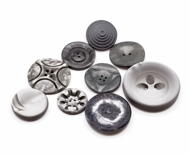 Gray Vintage Buttons Lot of 9 in different sizes and designs